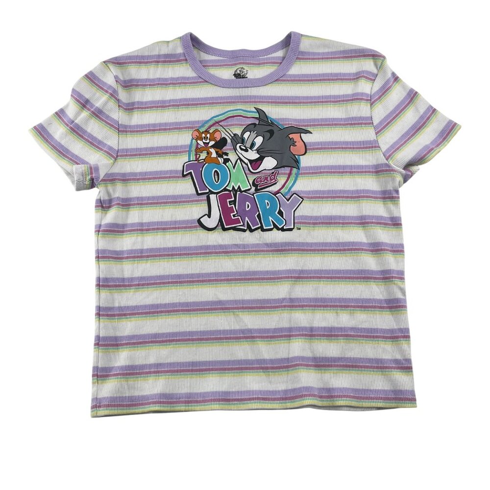 Tom & Jerry Graphic Striped T-Shirt XL Women's Purple‎ White